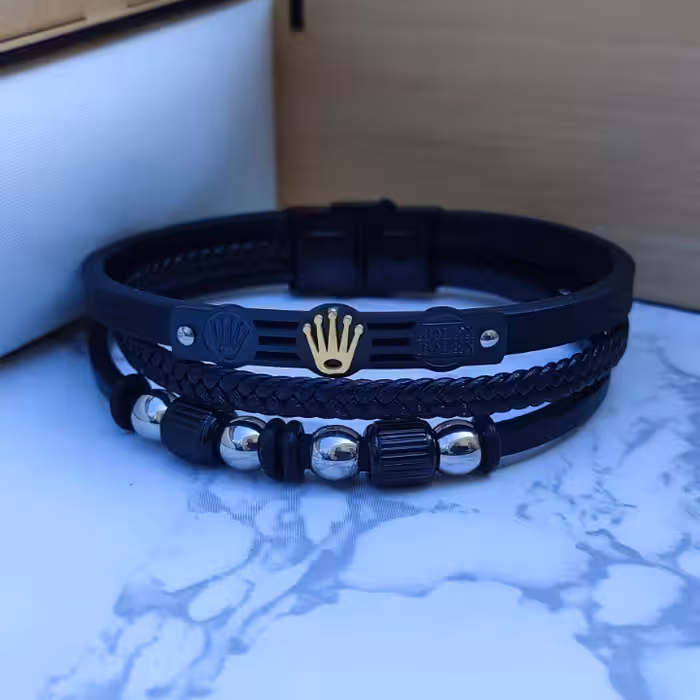 دستبند رولکس چرمی سه دور مشکی