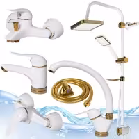 شیرآلات اهرمی ست کامل 6 عددی سفید طلایی با علم دوش دوکاره یونیورست و شلنگ طلایی