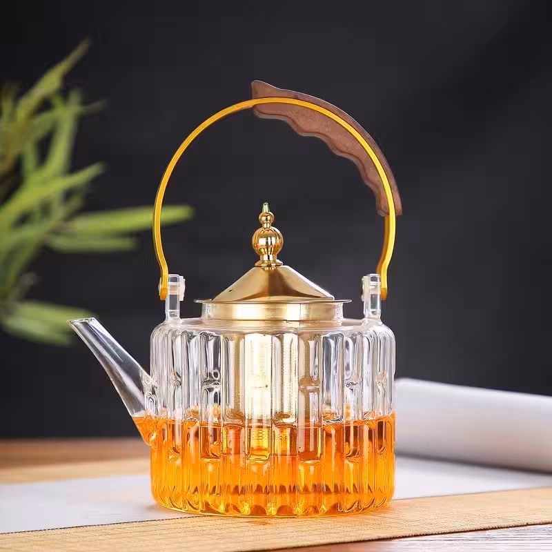 قوری پیرکس دسته چوبی و استیل طلایی 1000 میل