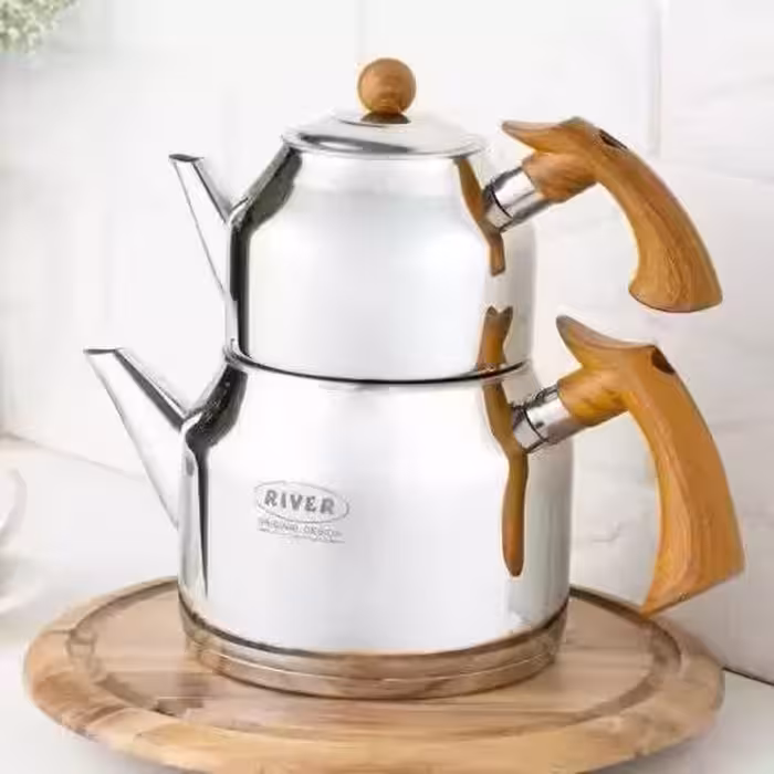 کتری قوری استیل لوله دار 3لیتر دسته باکالیت طرح چوب ریور کد 2167