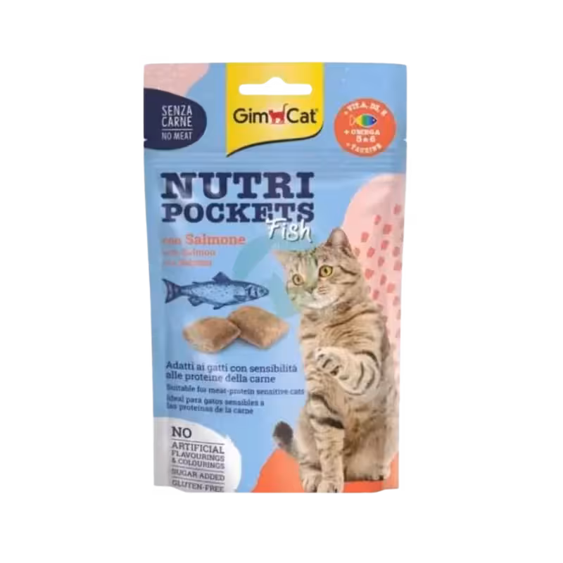 تشویقی گربه بالغ مدل Nutri Pockets Salmon سالمون برند Gim Cat جیم کت 60 گرمی