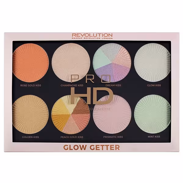 پالت هایلایتر رولوشن REVOLUTION اصل مدل Glow Getter، هشت سایه‌ی  هایلایتر شاین و اکلیلی