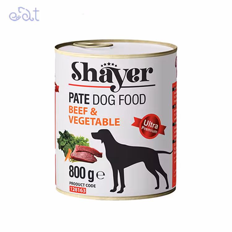 کنسرو سگ با طعم گوشت و سبزیجات برند شایر Shayer وزن 800 گرم