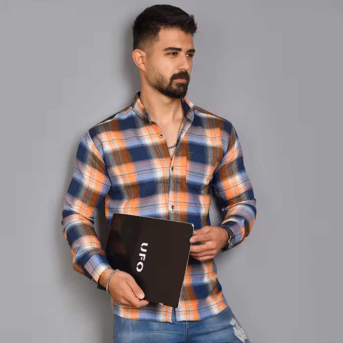 پیراهن مردانه چهارخونه نارنجی سرمه ای مدل Robert