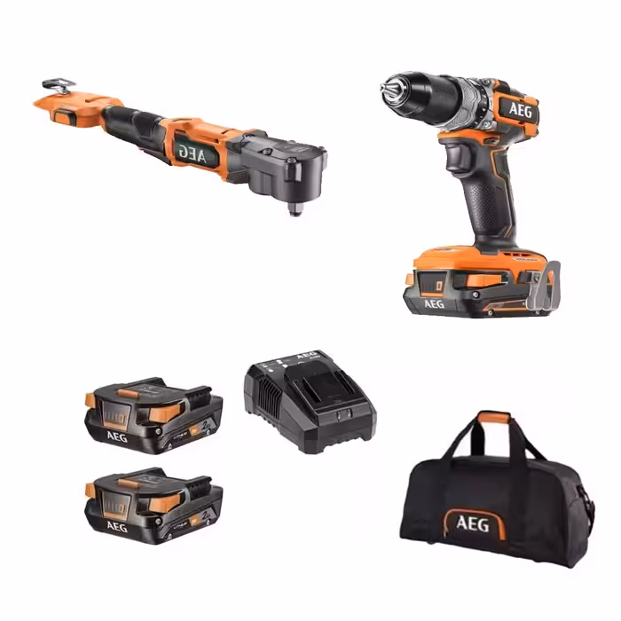 کیت دریل چکشی براش لس به همراه بکس شارژی 1/2 اینچ 18 ولت سرکج AEG مدل BSB18SBL-202C  BSS18SRA12BL-0