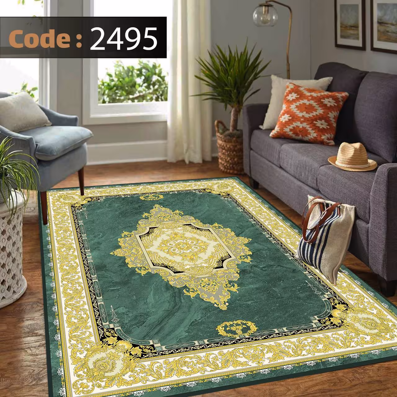 کاورفرش روفرشی دورکشدار گوشه لیفه ای لاکی ، آبی و متنوع کد 2495
