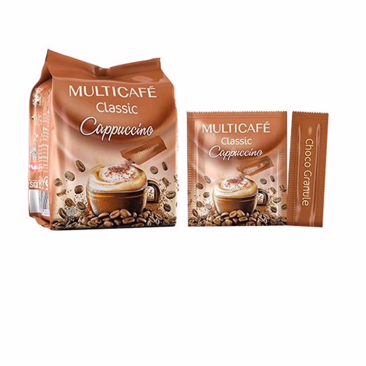 کاپوچینو کلاسیک به همراه پودر مخلوط کاکائو مولتی کافه 15 گرمی بسته 10 عددی