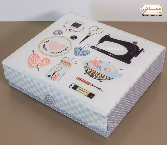 جعبه و وسایل خیاطی طرح چرخ و لوازم خیاطی سفید