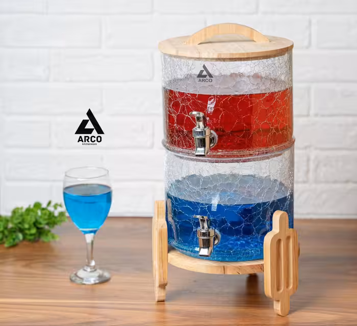 کلمن شیشه ای دو طبقه پایه چوب دسته دار طرح پیانو شیشه الماسی (ترک دار)