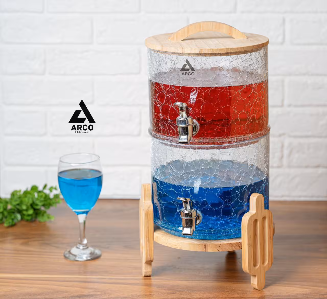 کلمن شیشه ای دو طبقه پایه چوب دسته دار طرح پیانو شیشه الماسی (ترک دار)