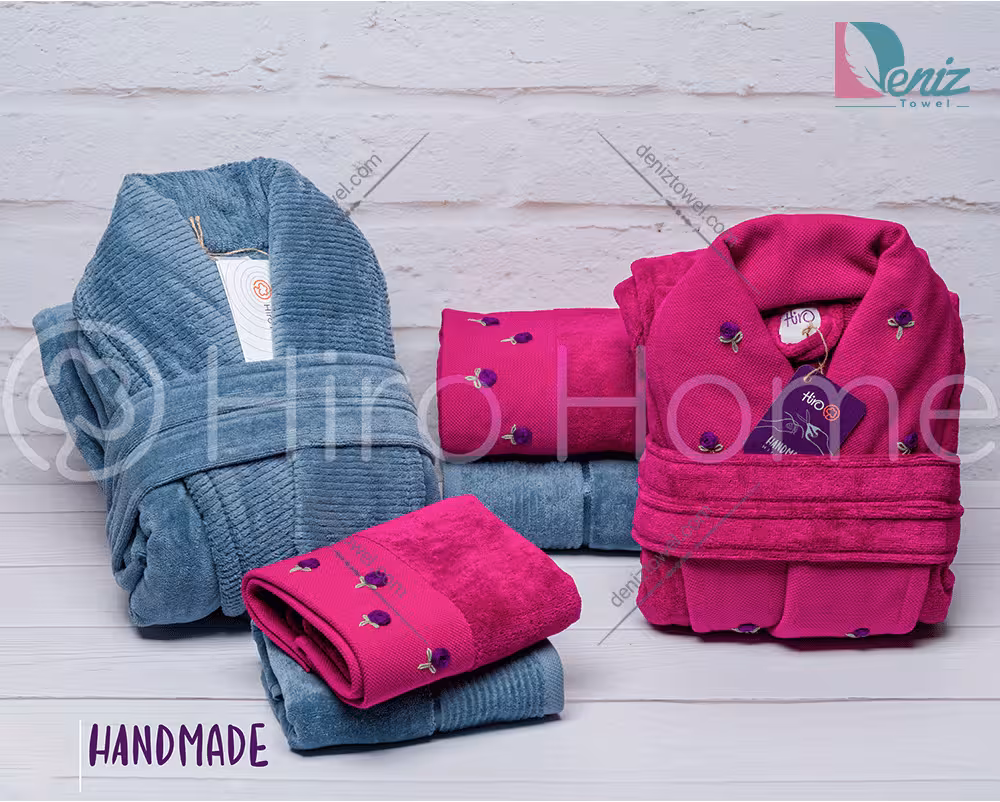 حوله ست دو نفره HANDMADE رنگ نوک مدادی و سرخابی تیره