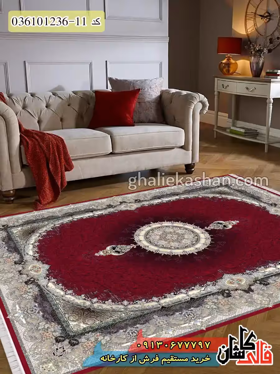 فرش 1200 شانه طرح هالیوود زمینه قرمز روناسی کاشان