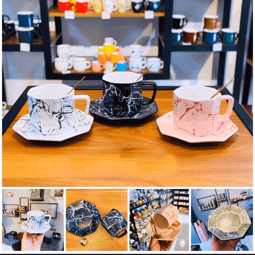 فنجان نعلبکی هشت ضلعی طرح ماربل