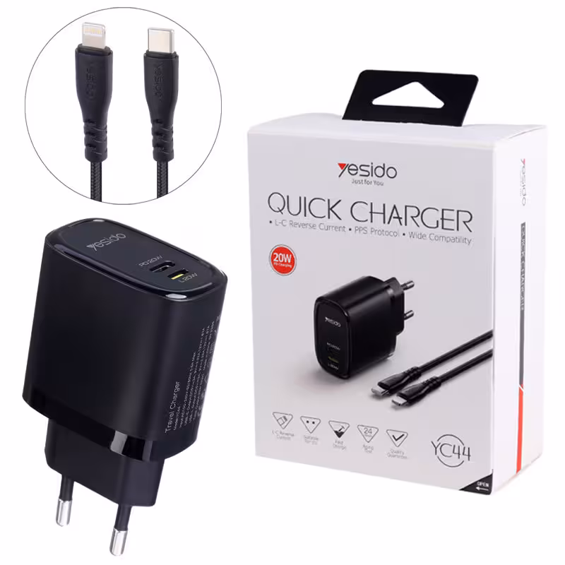 شارژر دیواری فست شارژ یسیدو مدل YC44 با توان خروجی 20 وات به همراه کابل تبدیل تایپ سی به لایتنینگ