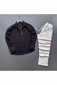 ست 2 تکه شامل پیراهن و شلوار بگگی طرح خطی - 4693
