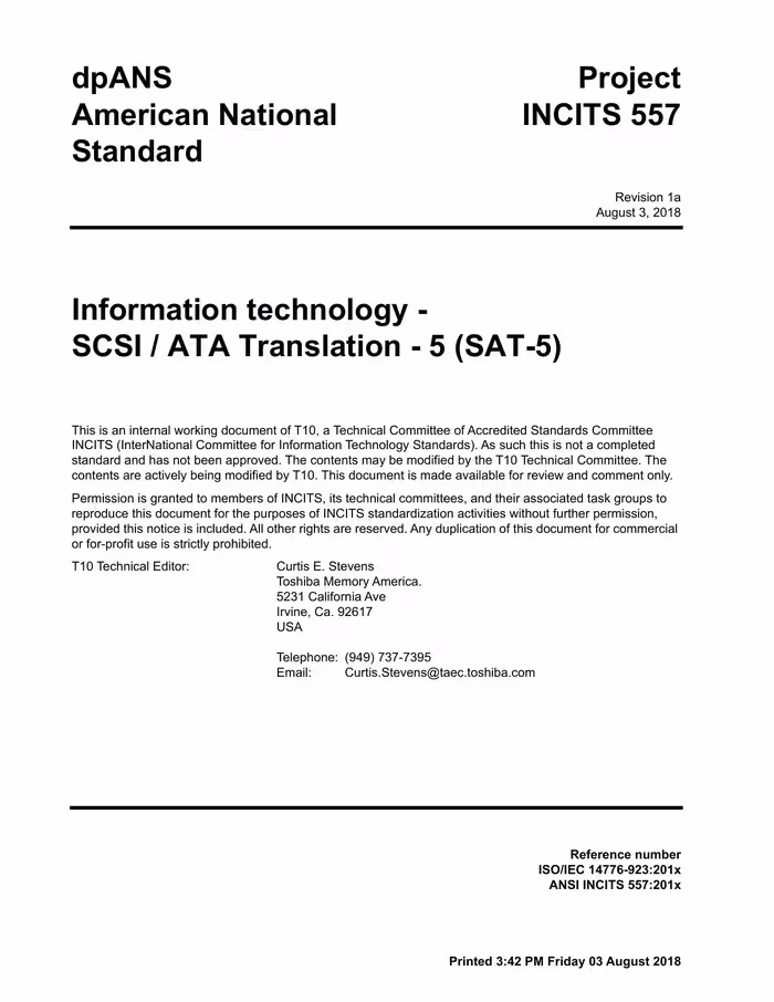 خرید و دانلود نسخه کامل کتاب SCSI/ATA Translation - 5 (SAT-5 r01a)