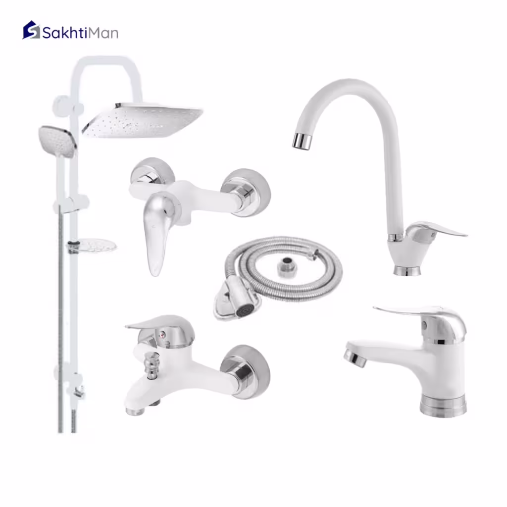 مجموعه 6 عددی شیرآلات بهداشتی سفید کروم همراه با علم دوش دوکاره