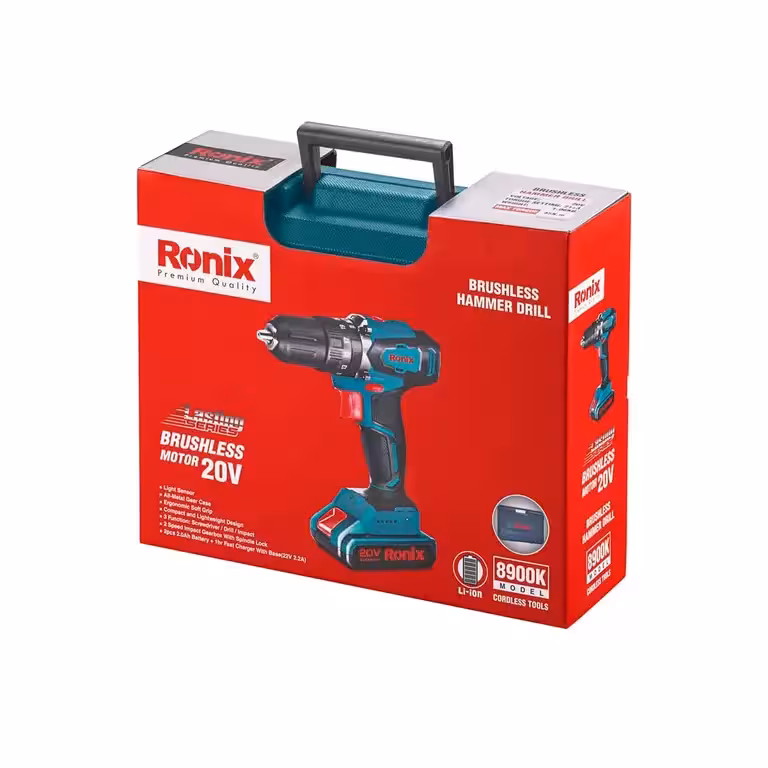کیت دریل پیچگوشتی چکشی شارژی 13 میلیمتری براشلس 20 ولت دو باتری رونیکس مدل 8900k با گارانتی رونیکس 8900K