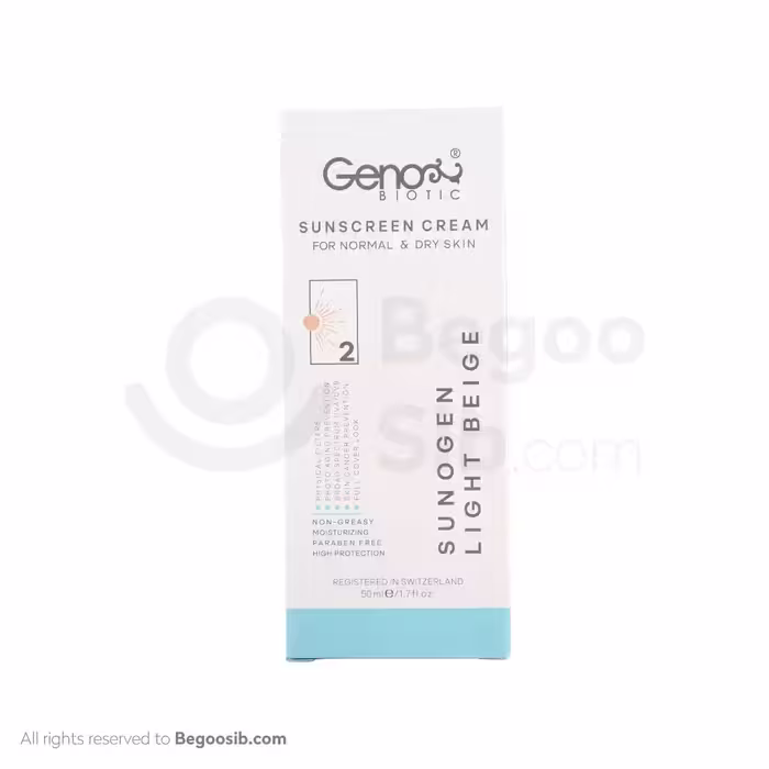 کرم ضد آفتاب ژنوبایوتیک spf 50 پوست خشک و معمولی بژ روشن 50 میلی لیتری