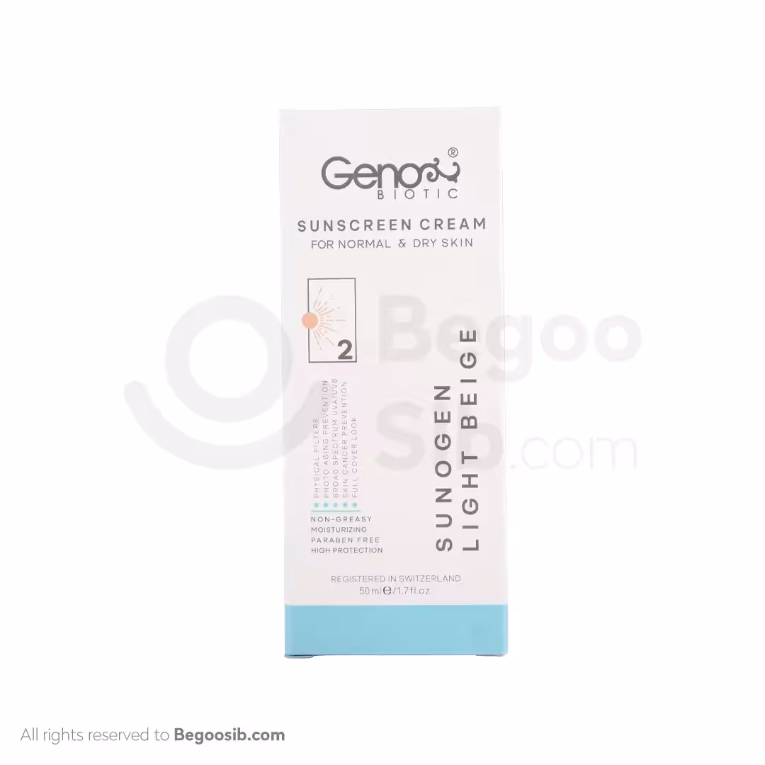 کرم ضد آفتاب ژنوبایوتیک spf 50 پوست خشک و معمولی بژ روشن 50 میلی لیتری