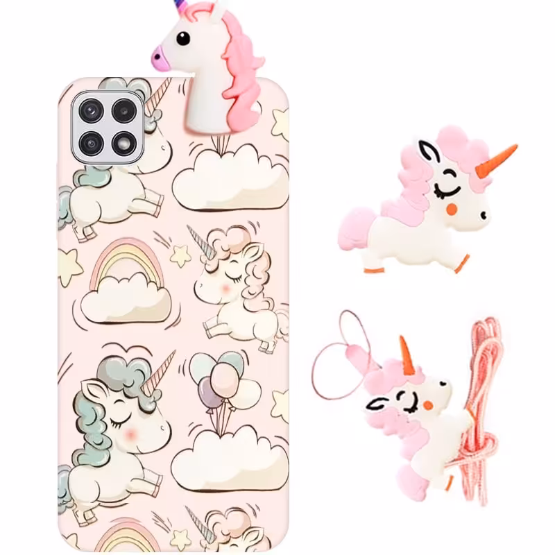 قاب فانتزی عروسکی اسب تک شاخ مناسب برای Samsung Galaxy A22 5G مدل بند آویز و پاپ سوکت دار دخترانه Unicorn Girly Cartoon Case