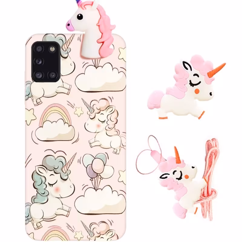 قاب فانتزی عروسکی اسب تک شاخ مناسب برای Samsung Galaxy A31 مدل بند آویز و پاپ سوکت دار دخترانه Unicorn Girly Cartoon Case