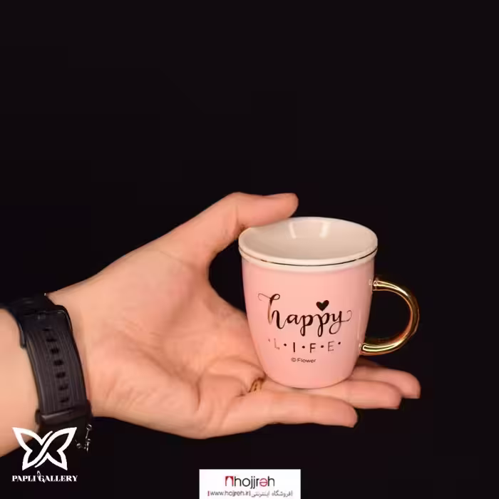 اطلاعات ، قیمت و خرید فنجان قهوه ( شات اسپرسو ) لب طلایی طرح Happy Life | صورتی کد P101