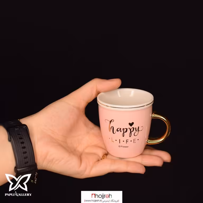 اطلاعات ، قیمت و خرید فنجان قهوه ( شات اسپرسو ) لب طلایی طرح Happy Life | صورتی کد P101