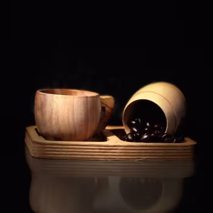 ست فنجان چوبی قهوه خوری در دو مدل طرح بشکه و دسته دار و دیس چوبی.