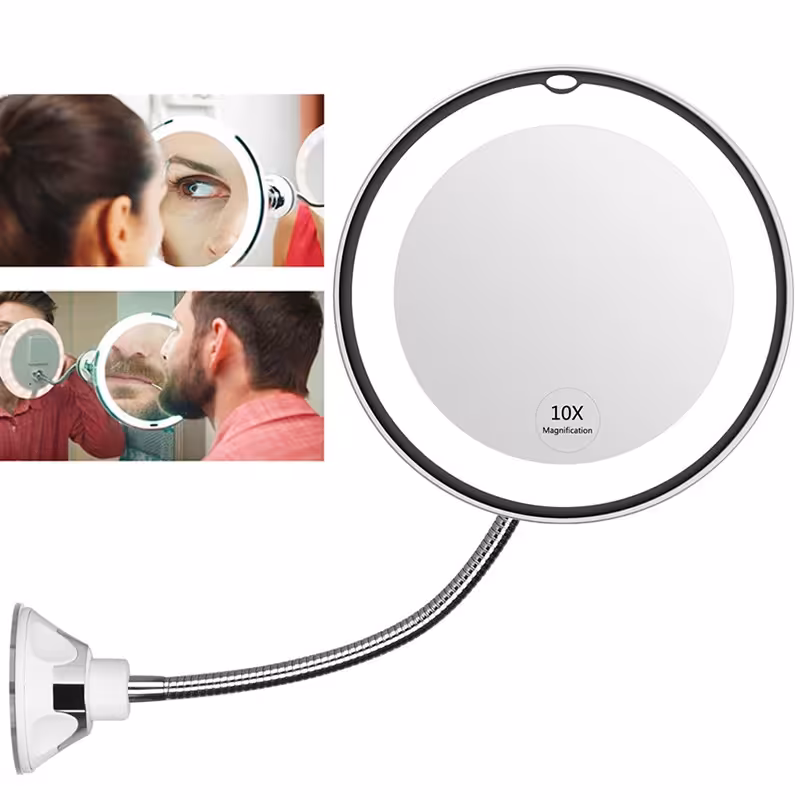 آینه روشویی و آرایشی منعطف با قابلیت چرخش 360 درجه همراه با بزرگنمایی 10 برابر و نور LED