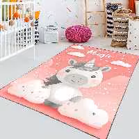 فرش چاپی دخترانه جدید طرح تکشاخ و ابر با زمینه صورتی HQ-3293