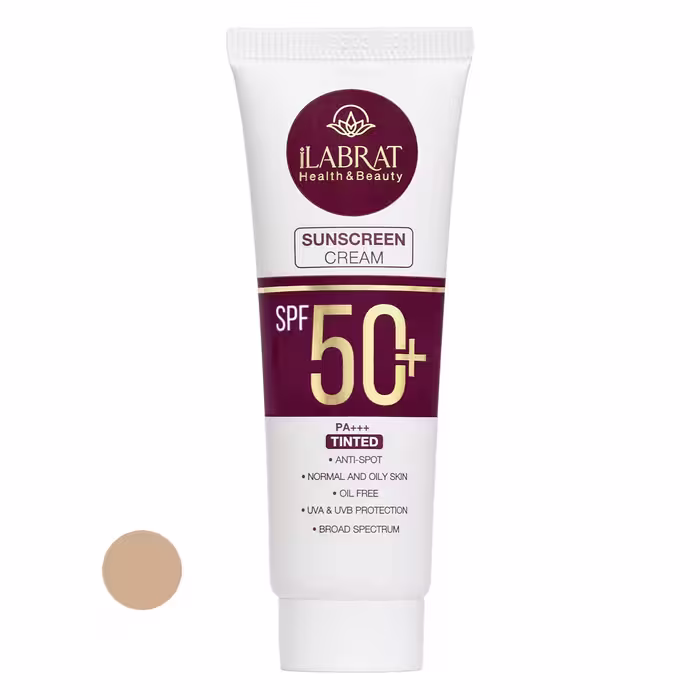 کرم ضدآفتاب رنگی ایلابرت  SPF50 مدل ضد لک natural beige مناسب پوست های چرب و معمولی حجم 40 میلی لیتر