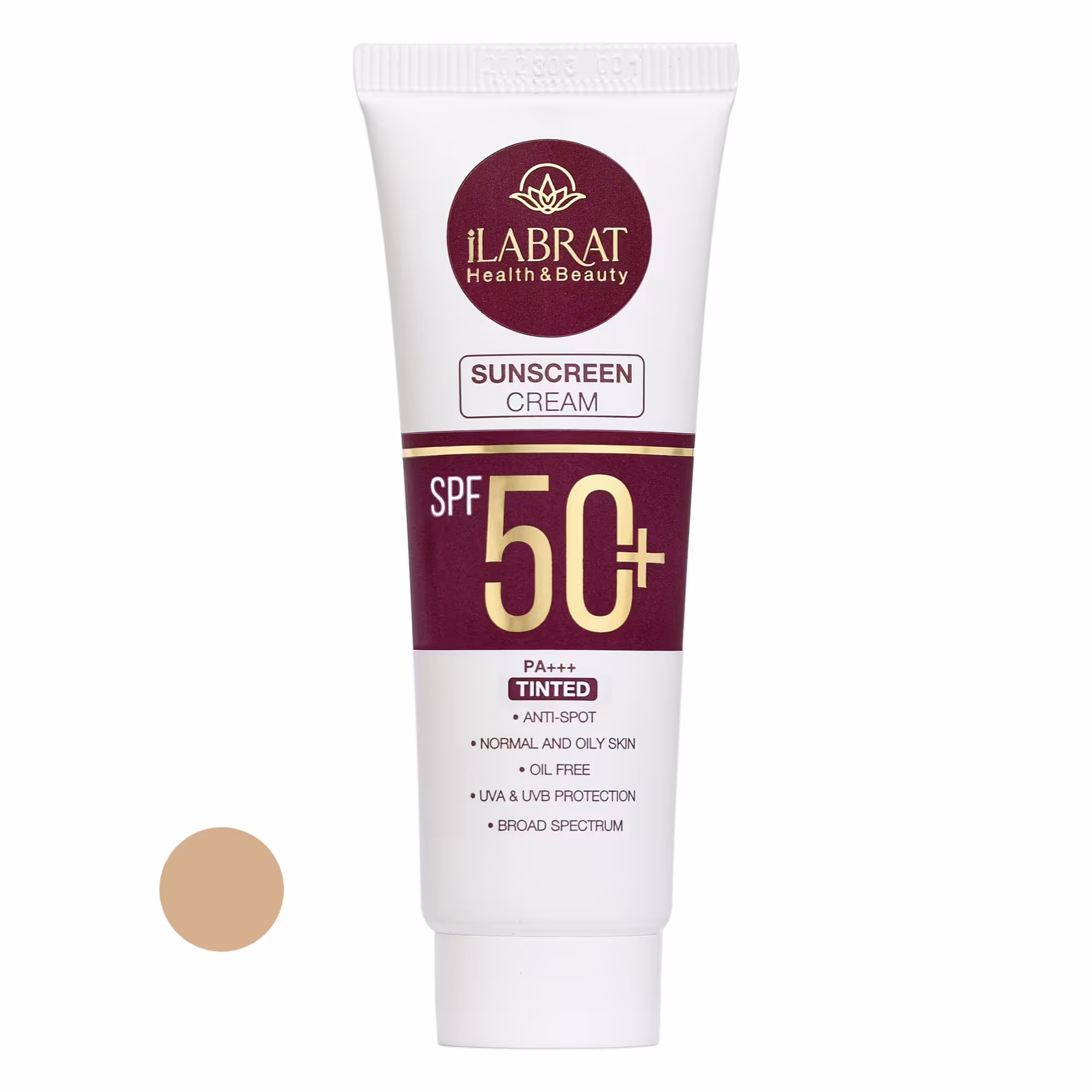 کرم ضدآفتاب رنگی ایلابرت  SPF50 مدل ضد لک natural beige مناسب پوست های چرب و معمولی حجم 40 میلی لیتر