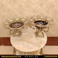 ست پذیرایی شیرینی خوری برنز و میوه خوری برنز مدل آفتابگردان با چینی سرمه ای کد 5703
