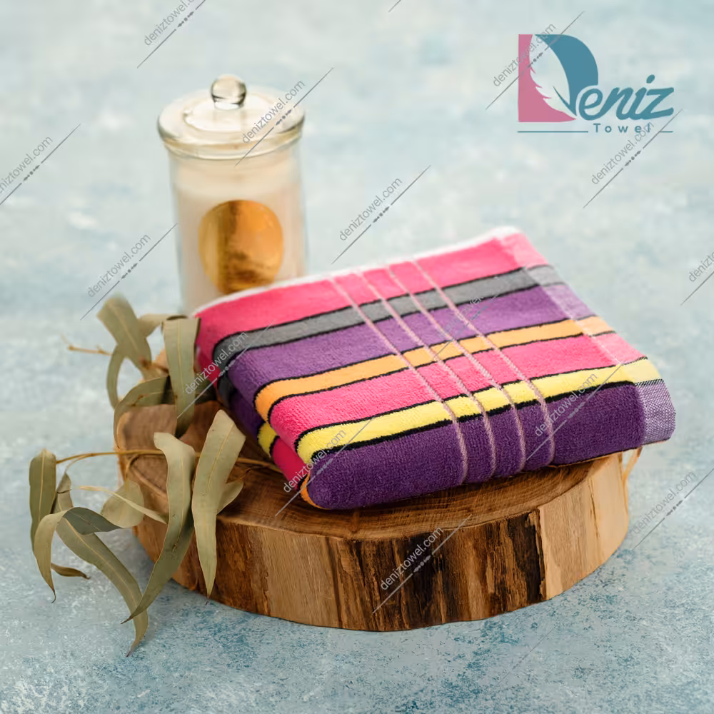 حوله دستی طرح لاین چند رنگ (بنفش و سرخابی)