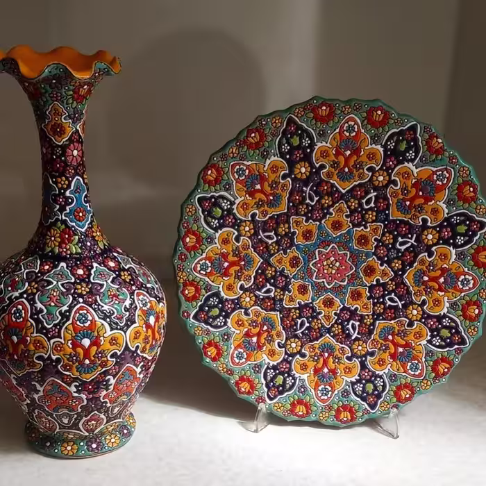 ست گلدان و بشقاب میناکاری لعاب برجسته 