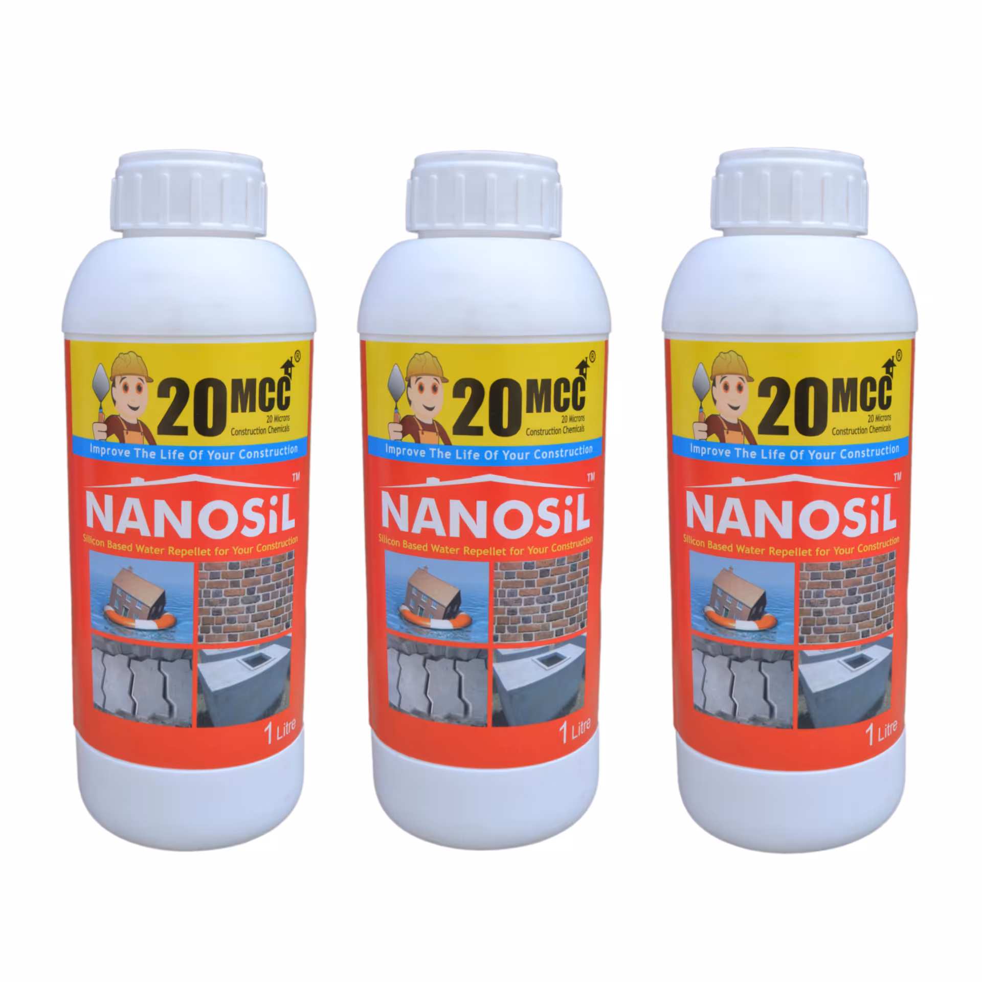 محلول نانو آبگریز و ضد آب کننده سطوح ساختمانی 20 میکرو مدل nanosilicon حجم 1 لیتر بسته سه عددی
