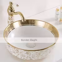 کاسه روشویی مدل سفید طلایی گل دار گرد