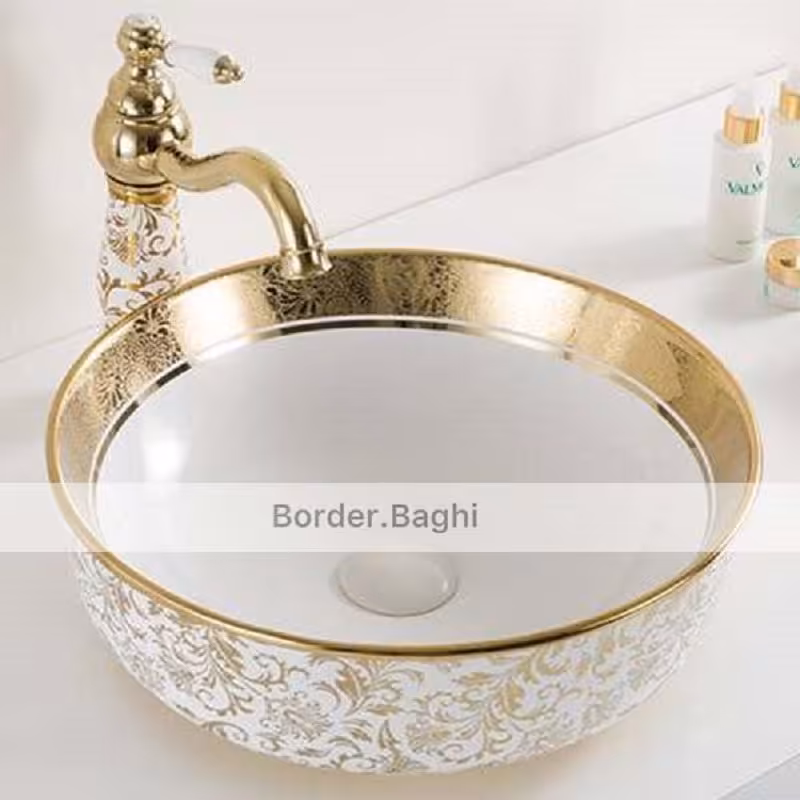 کاسه روشویی مدل سفید طلایی گل دار گرد