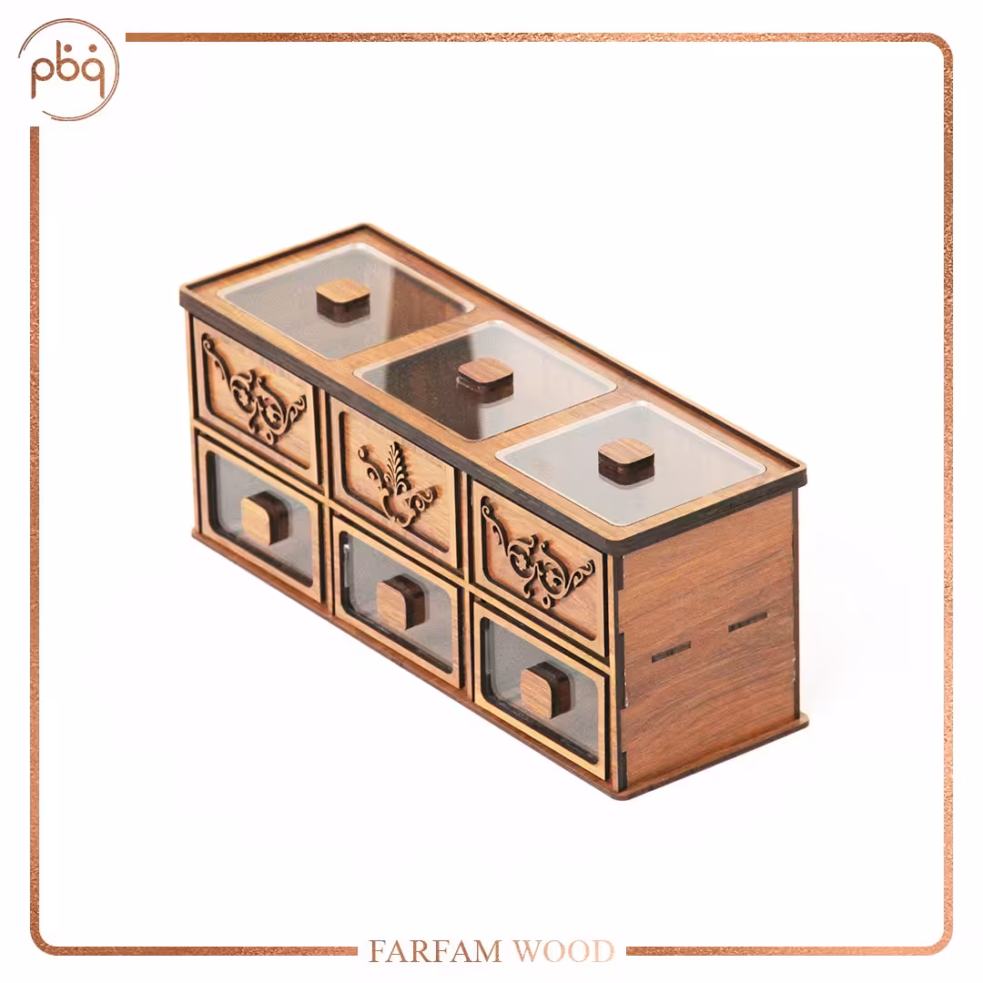 تیبگ چوبی (ام دی اف) دارای 3 خانه از بالا و 3 کشو از جنس پلکسی
