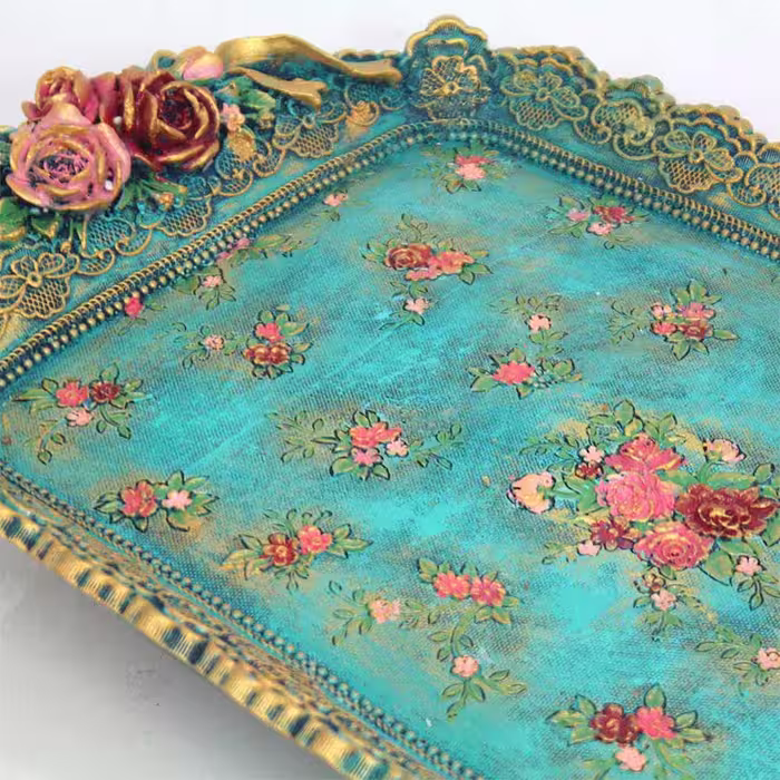 سینی مدل باغ فیروزه ای و پرنده 