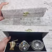 ظروف بسته بندی زعفران - مخمل خاتم 5گرم  با هاون  برنجی گلدانی