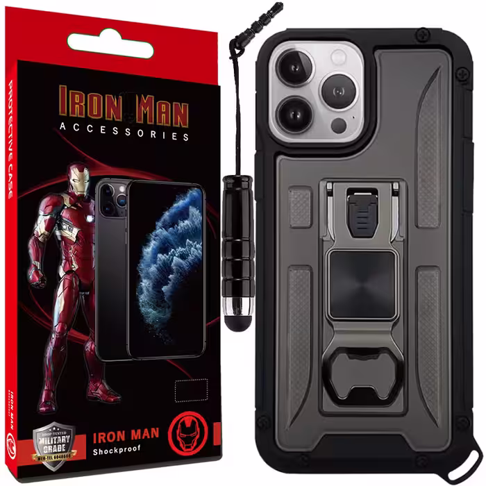 کاور آیرون من مدل Shock Proof مناسب برای گوشی موبایل اپل iPhone 13 Pro Max به همراه قلم لمسی