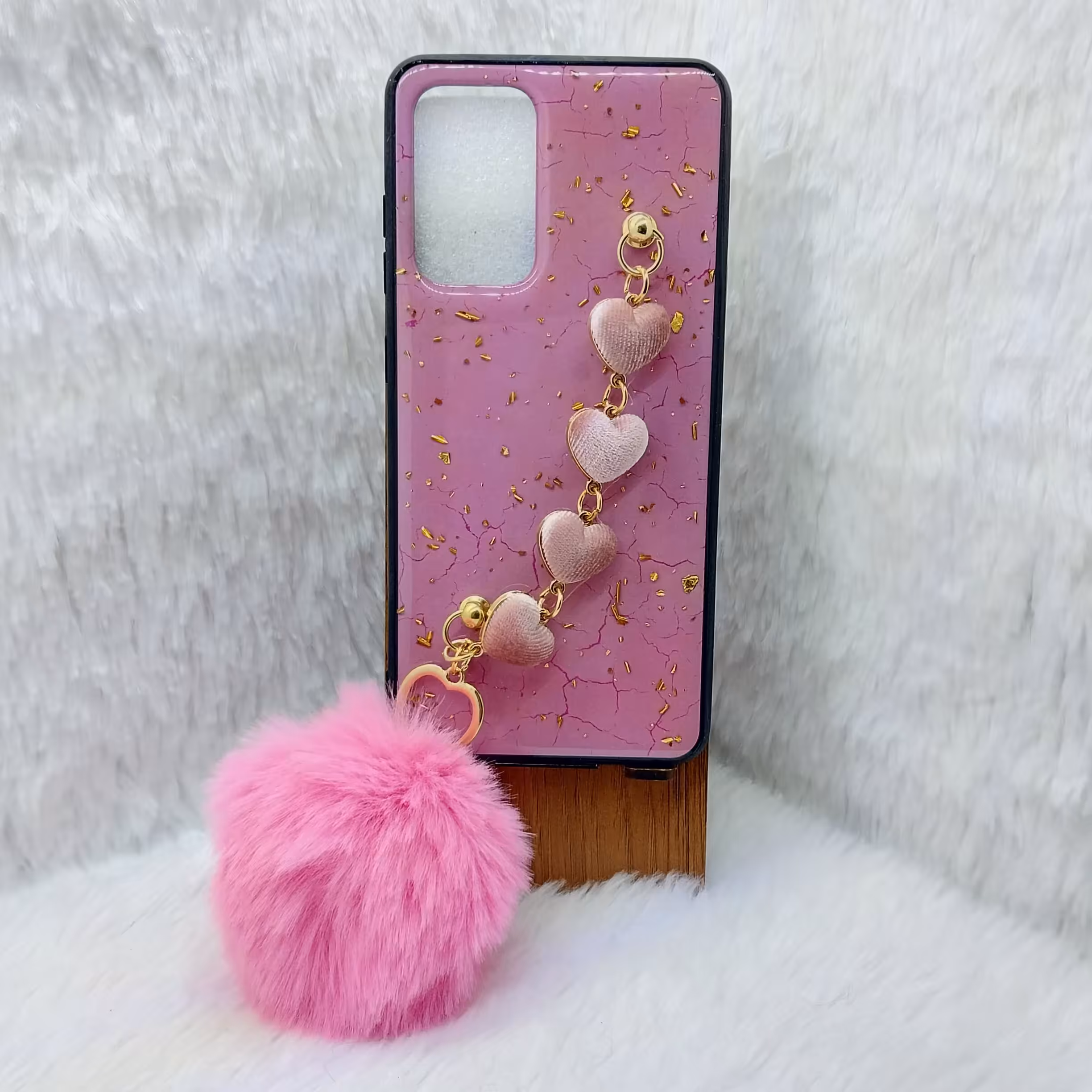 گارد (قاب) گوشی دخترانه A52مدل زنجیردار پام پام رنگ صورتی مناسب گوشی Samsung A52-A52s