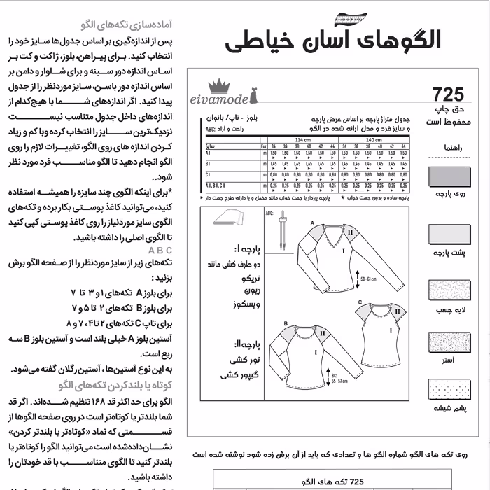 الگو خیاطی بلوز بانوان سایز 34 تا 44 متد مولر کد 21