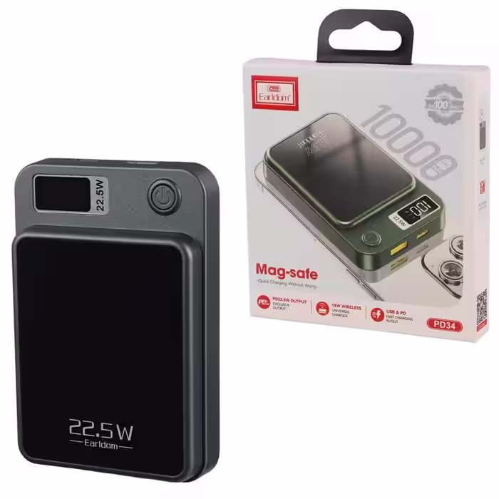 پاور بانک بی سیم فست شارژ ارلدام ET-PD34 PD 20W ظرفیت 10000 میلی آمپر ساعت