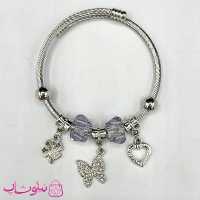 دستبند زنانه پاندورا طرح پروانه بنفش نقره ای کد 75