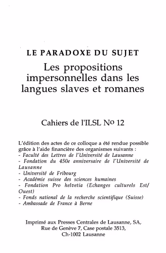 خرید و دانلود نسخه کامل کتاب Cahiers de l’ ILSL n° 12 : Le paradoxe du sujet : Les propositions impersonnelles dans les langues slaves et romanes