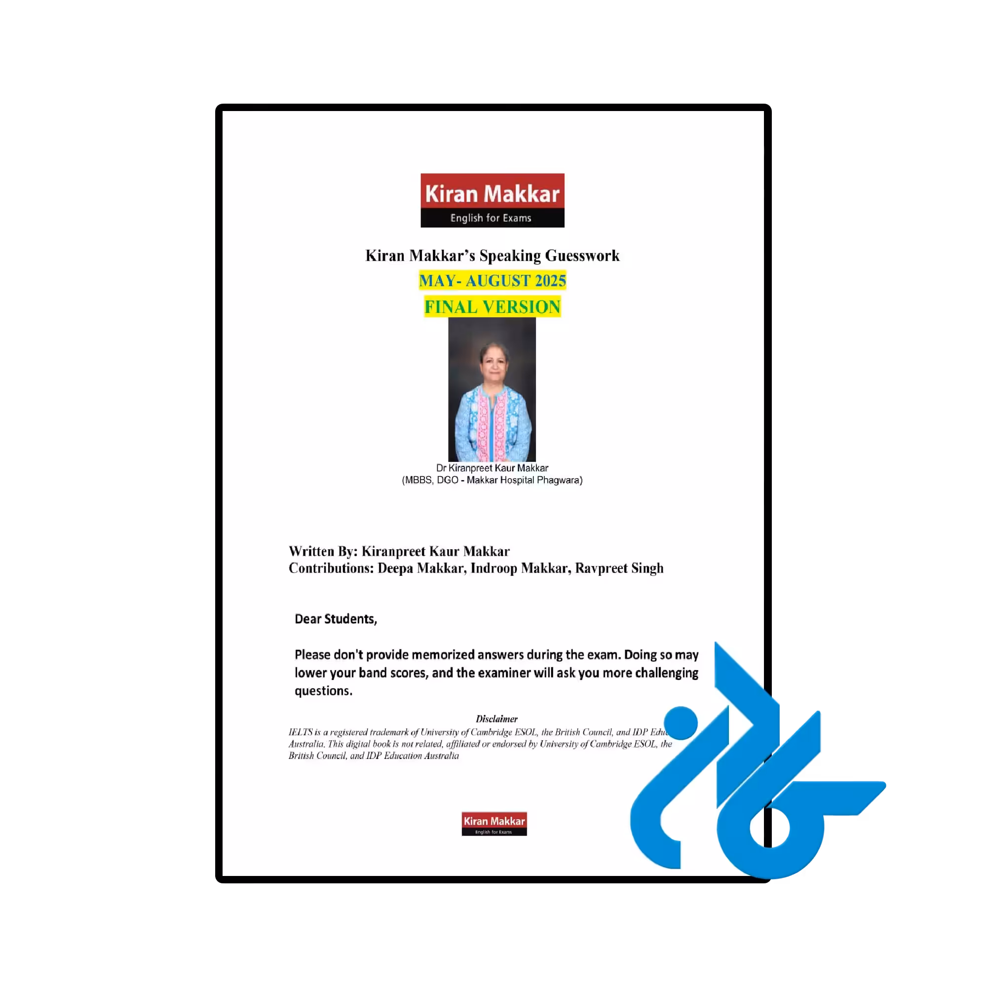 خرید و قیمت کتاب KIRAN MAKKAR SPEAKING GUESSWORK IELTS MAY-AUG 2025 (Final Version)  از فروشگاه کادن