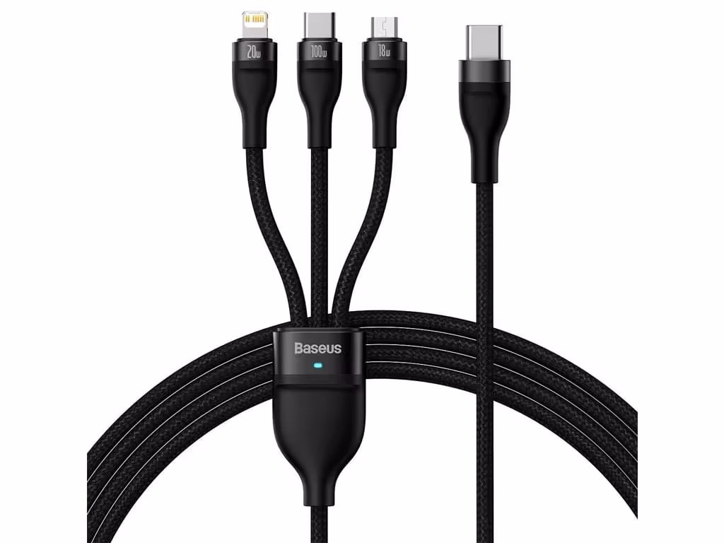 کابل فوق شارژ سریع سه سر تایپ‎سی به لایتنینگ، میکرو و تایپ‎سی 1.5 متری بیسوس Baseus Flash Series Fast Charging Cable 100W CASS030201